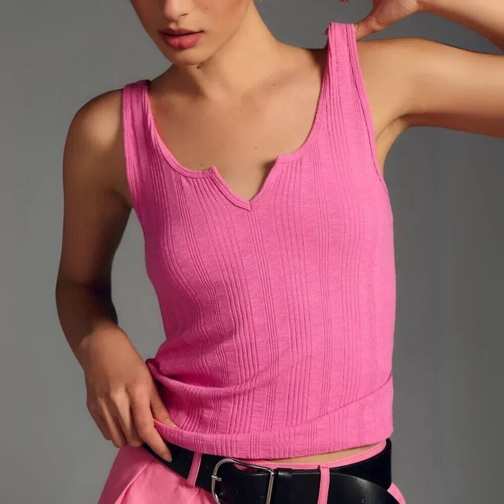 Pilcro Anthropologie Ribbed Notch Hot Pink Tank Top Size Large
